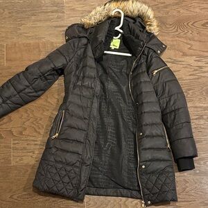 Sam Edelman Black Quilted Puffer Coat with Faux Fur Hood